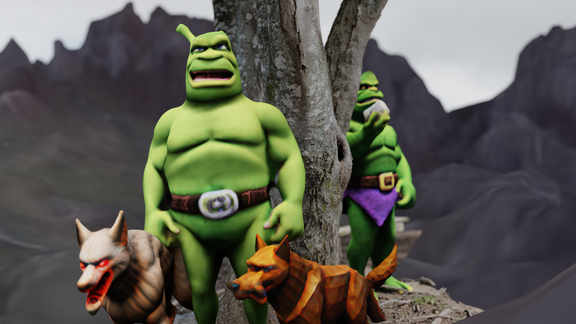 ↑ Close up of the background curtain showing two text-to-mesh generated 'Ogres' which simply replicate Shrek, the ogre popularized with the 2001 3d animated movie by DreamWorks.