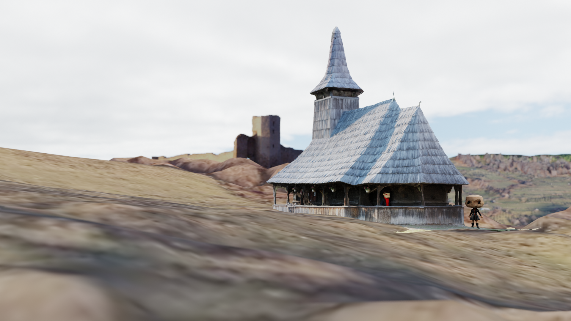 ↑ Two 'vampires' standing in front of the Biserica de lemn de la Porț with Enisala fortress in the background. The text-to-mesh generated 'vampires' look eerily like the Addams family, popularized (again) by the Netflix series Wednesday in 2022.