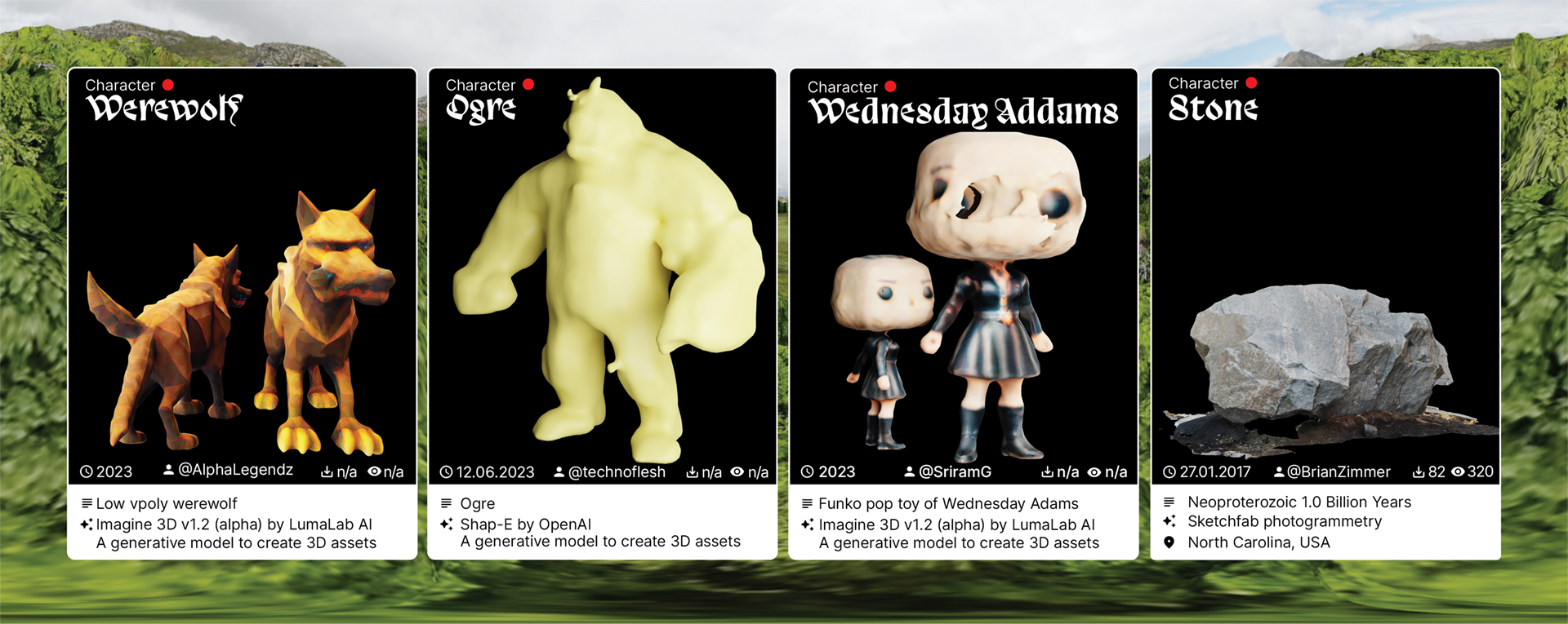 ↑ Trading cards of the re-board figures indicating their source, text prompt, author and platform of origin, where applicable.
