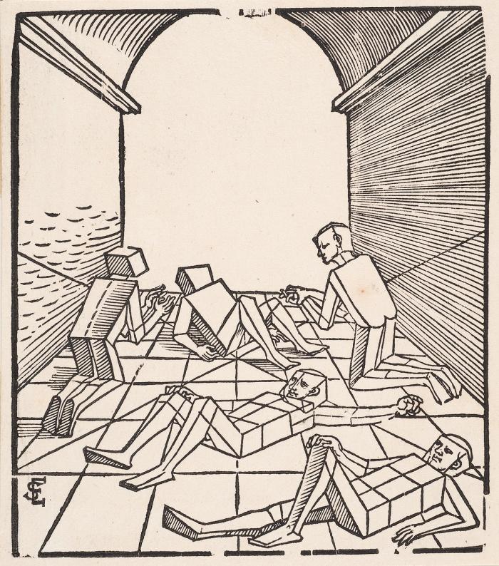 ↑ Erhard Schön, Fünf Figuren in einem Gebäude, 1538.
